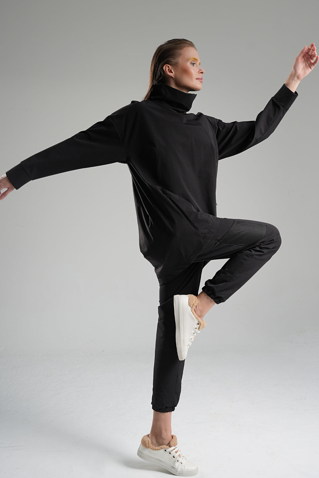 Black Bi-Stretch Wrap Top with Concealed Pocket