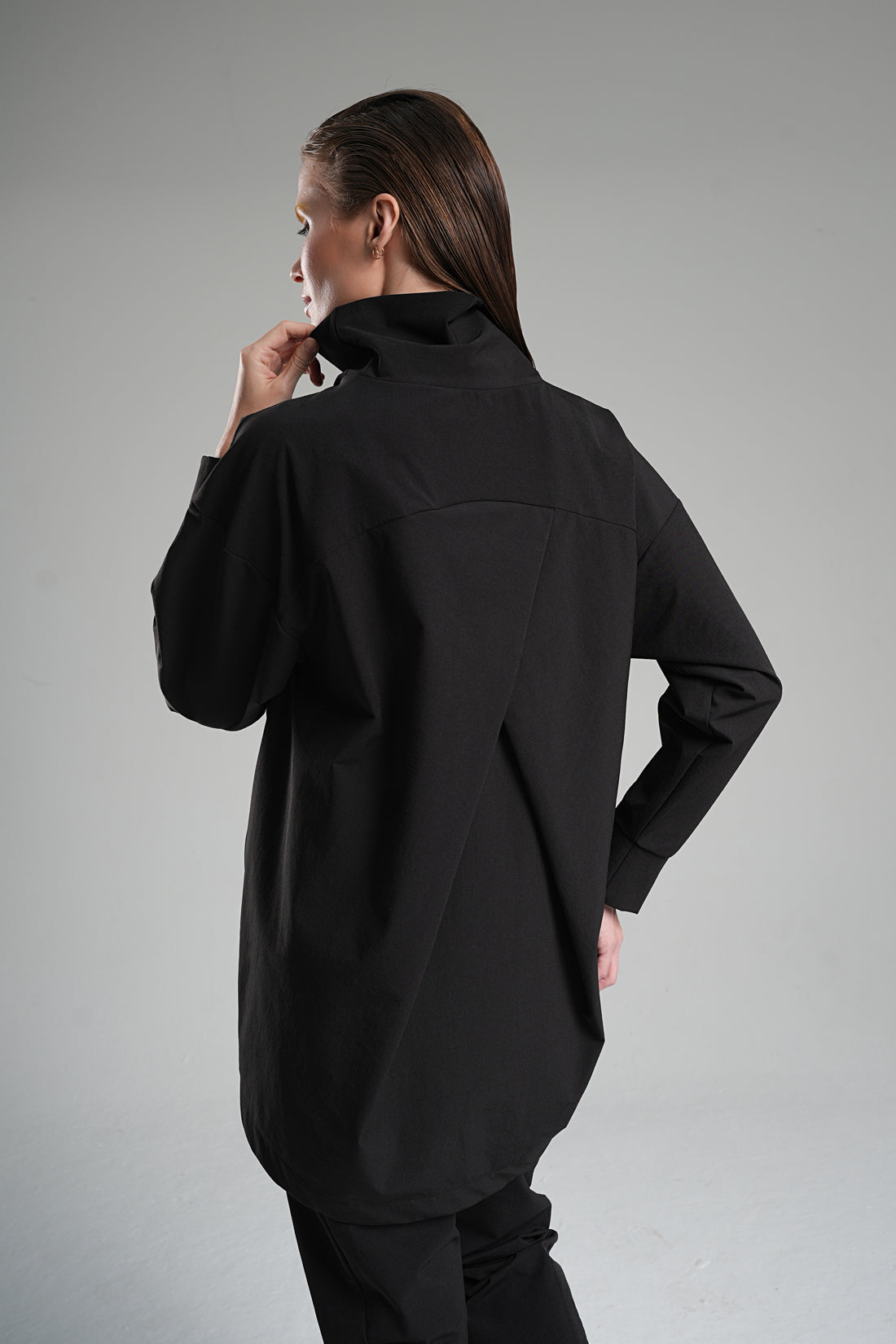 Black Bi-Stretch Wrap Top with Concealed Pocket