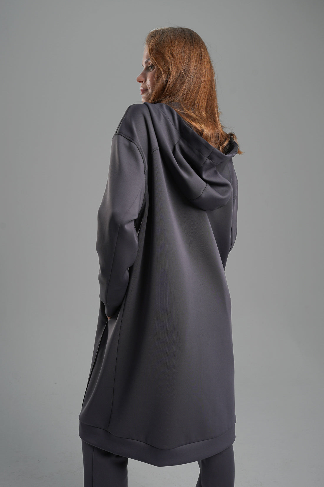 Zippered Scuba Long Jacket with Hidden Pockets Anthracite Color