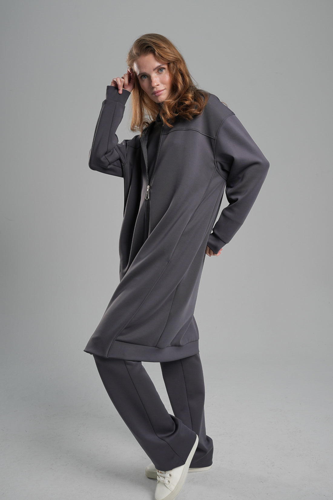 Zippered Scuba Long Jacket with Hidden Pockets Anthracite Color