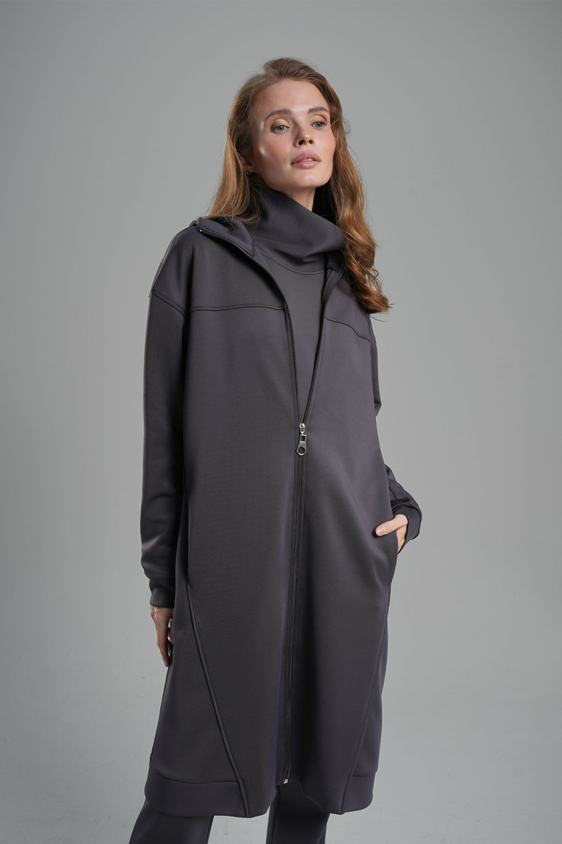 Zippered Scuba Long Jacket with Hidden Pockets Anthracite Color