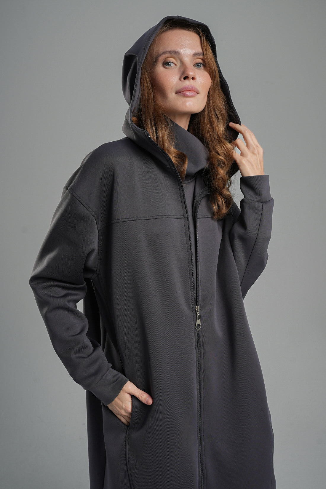 Zippered Scuba Long Jacket with Hidden Pockets Anthracite Color