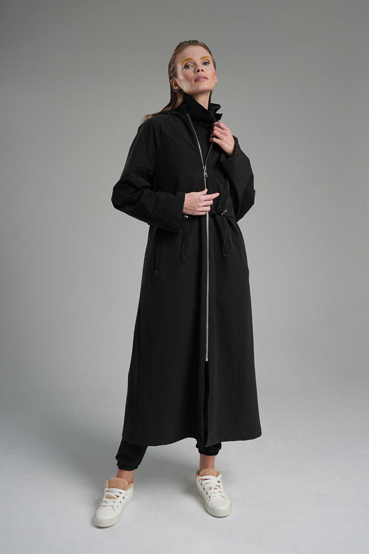 Pocketed Hooded Waist Adjustable Stretch Trench Coat Black