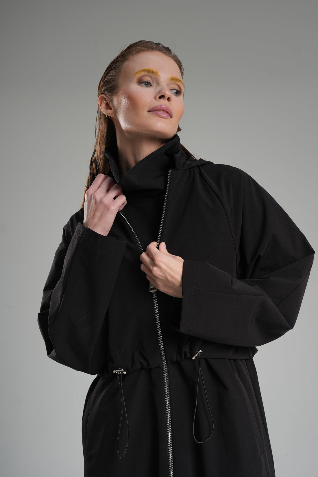 Pocketed Hooded Waist Adjustable Stretch Trench Coat Black