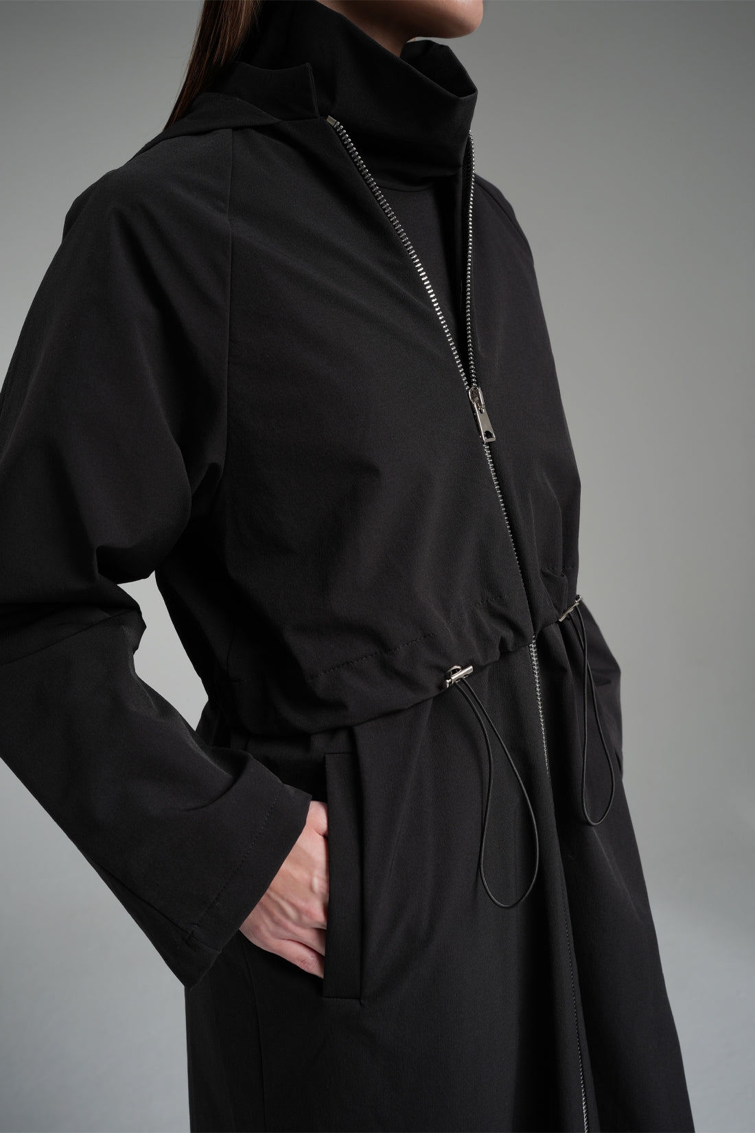 Pocketed Hooded Waist Adjustable Stretch Trench Coat Black