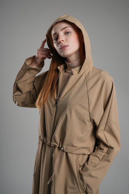 Pocketed Hooded Waist Adjustable Stretch Trench Coat Camel