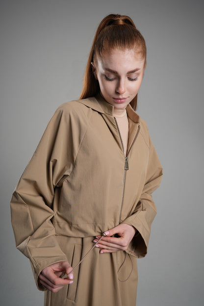 Pocketed Hooded Waist Adjustable Stretch Trench Coat Camel