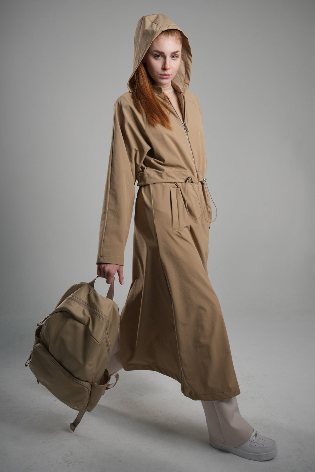 Pocketed Hooded Waist Adjustable Stretch Trench Coat Camel