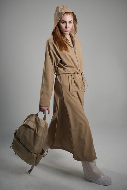 Pocketed Hooded Waist Adjustable Stretch Trench Coat Camel